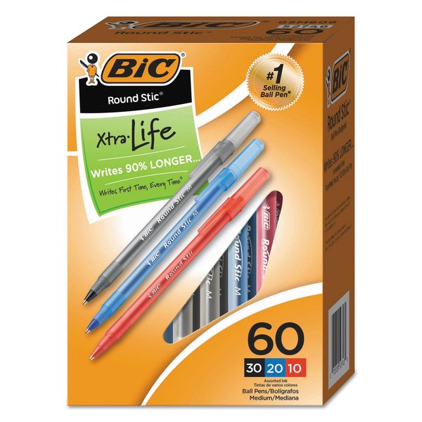 Bic Round Stic Xtra Precision Stick Ballpoint Pen, 1mm, Assorted, PK60 GSM609AST